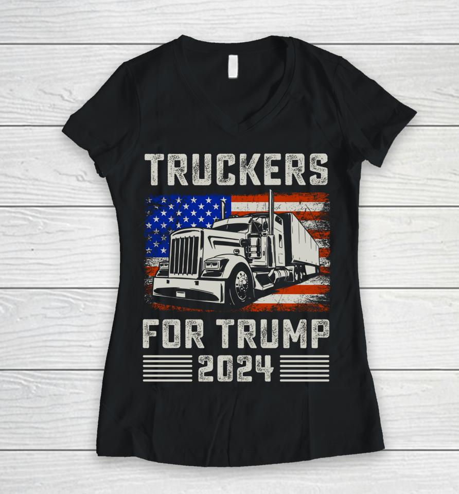 Truckers For Trump American Flag Shirt Trump 2024 Vintage Women V-Neck T-Shirt