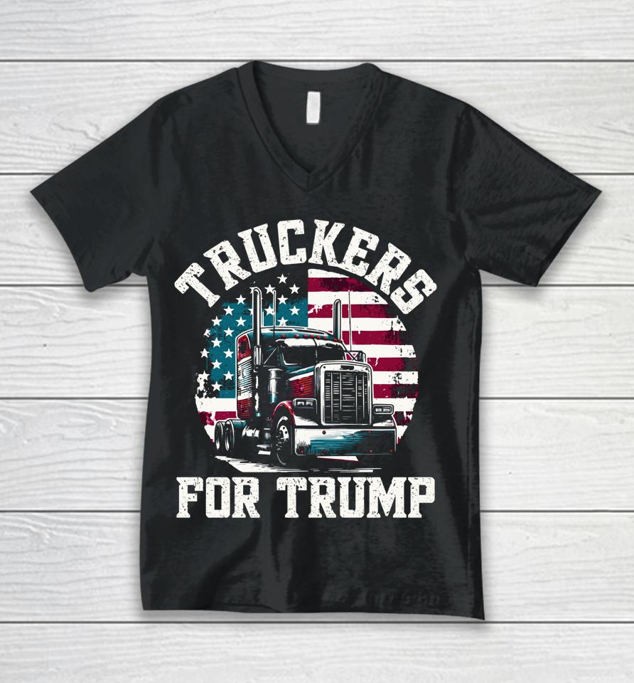 Truckers For Trump American Flag Truck Unisex V-Neck T-Shirt