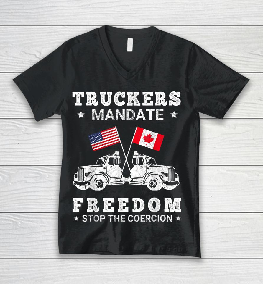 Truckers Mandate Freedom Stop The Coercion Usa Canada Flags Unisex V-Neck T-Shirt