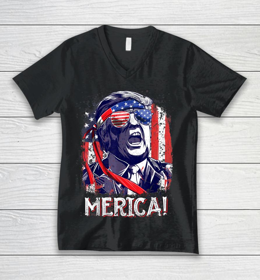 Trump 4Th Of July Merica Usa American Flag Vintage Unisex V-Neck T-Shirt