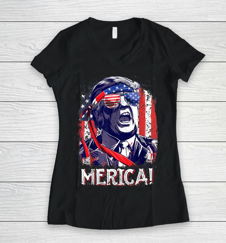 Trump 4Th Of July Merica Usa American Flag Vintage Women V-Neck T-Shirt