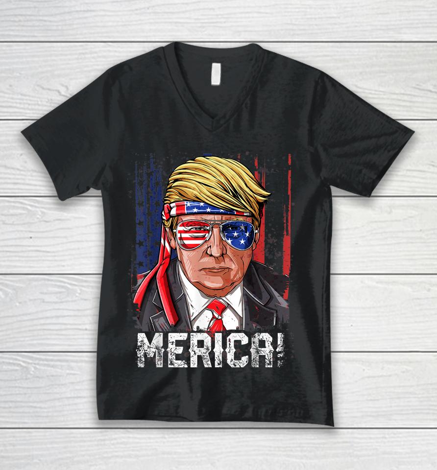 Trump 4Th Of July Merica Usa American Flag Vintage Unisex V-Neck T-Shirt