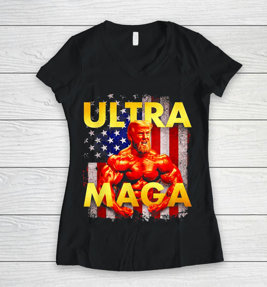 Trump Buff Ultra Maga American Flag Women V-Neck T-Shirt
