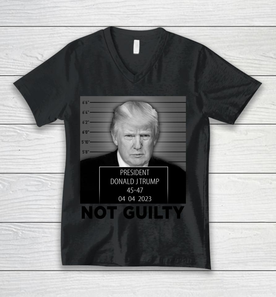 Trump Mugshot Not Guilty 45-47 President Trump Arrest Funny Unisex V-Neck T-Shirt