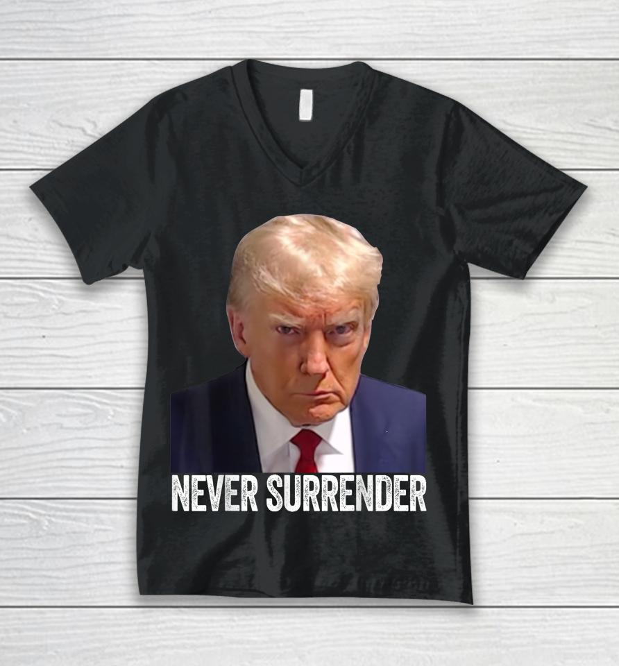 Trump Never Surrender Mug Shot Free Trump Unisex V-Neck T-Shirt