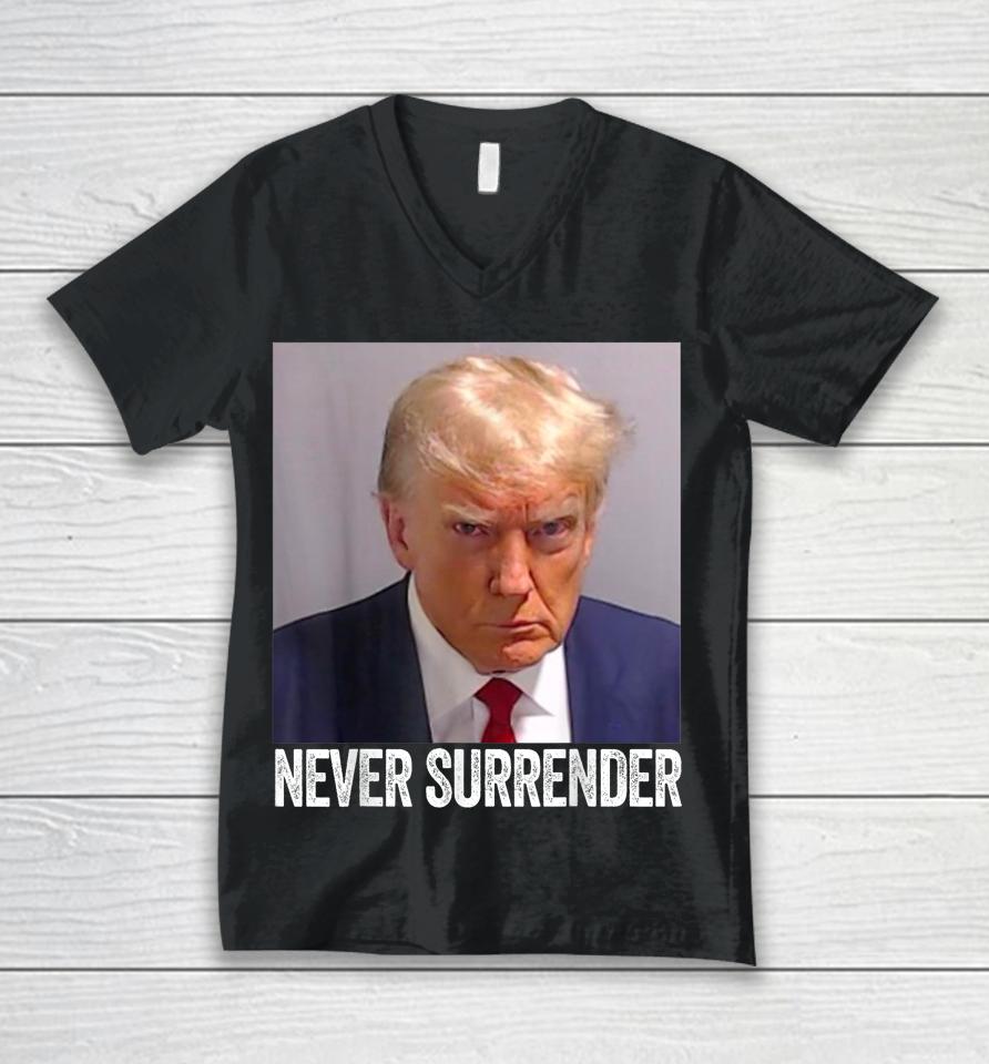 Trump Never Surrender T Shirt Free Trump Mug Shot Unisex V-Neck T-Shirt