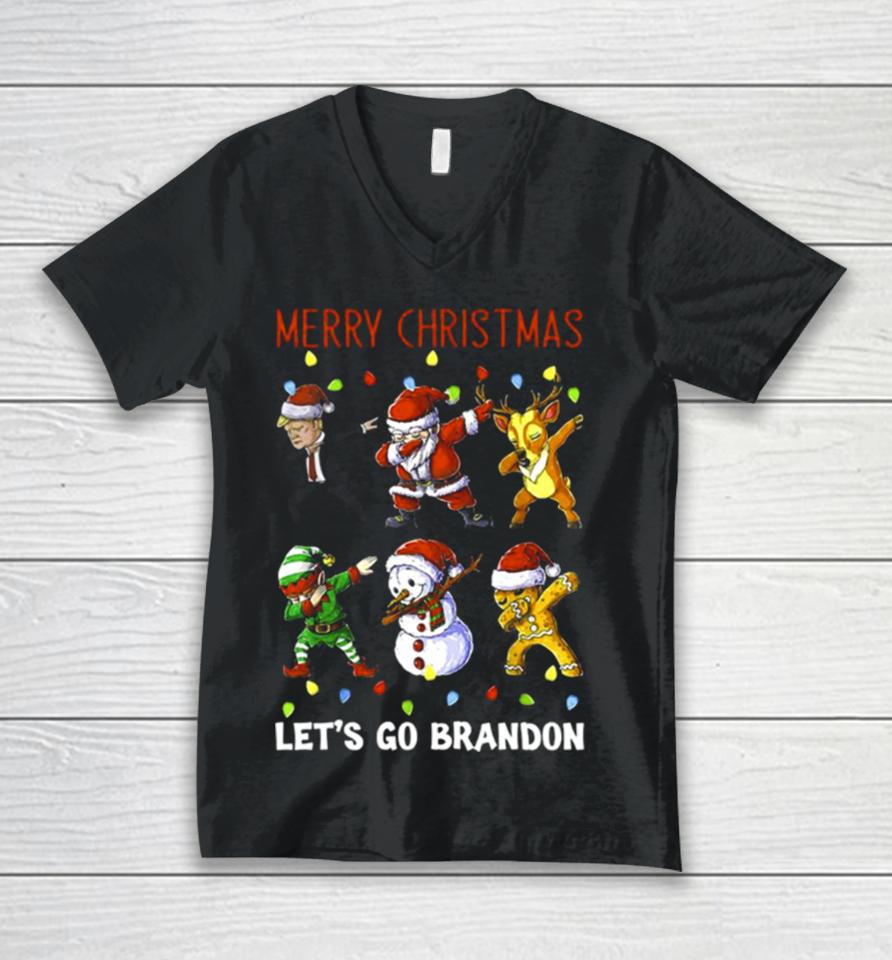 Trump Santa Reindeer Elf Dabbing Merry Christmas Let’s Go Brandon Unisex V-Neck T-Shirt