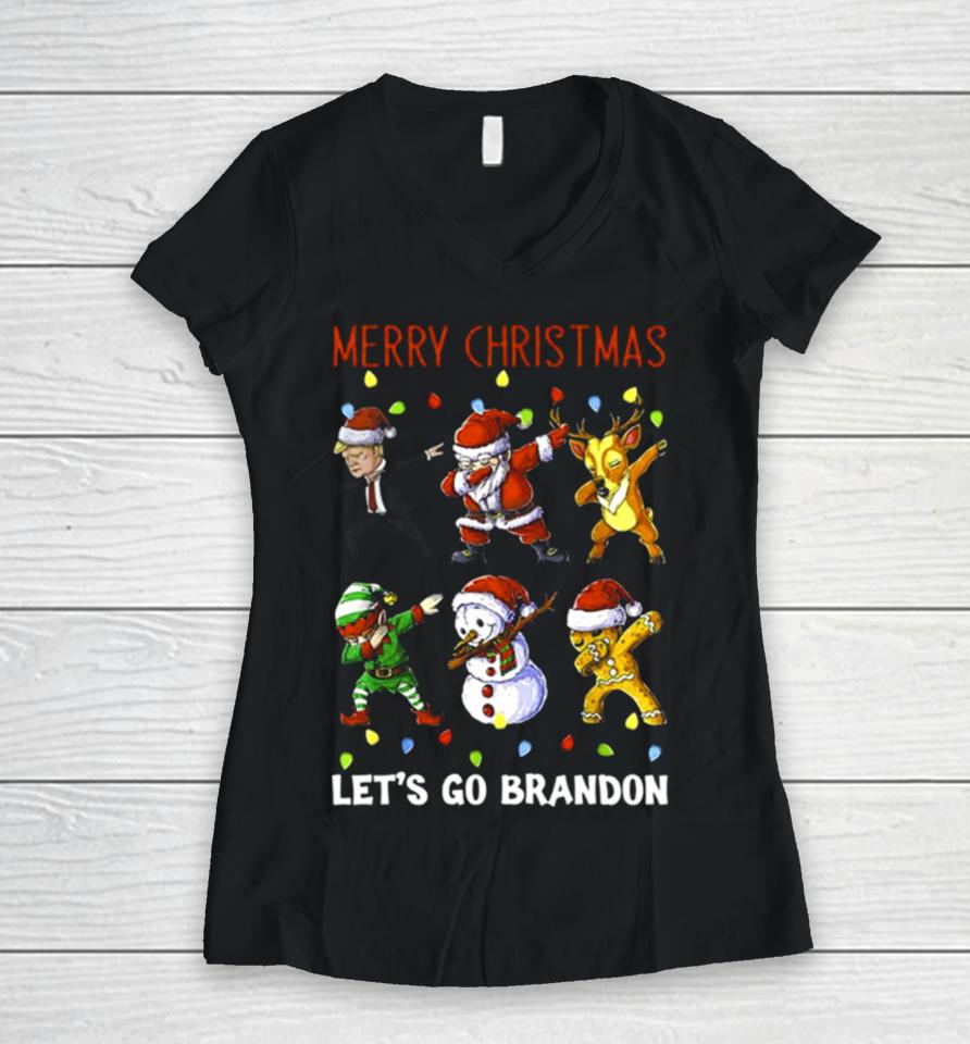 Trump Santa Reindeer Elf Dabbing Merry Christmas Let’s Go Brandon Women V-Neck T-Shirt