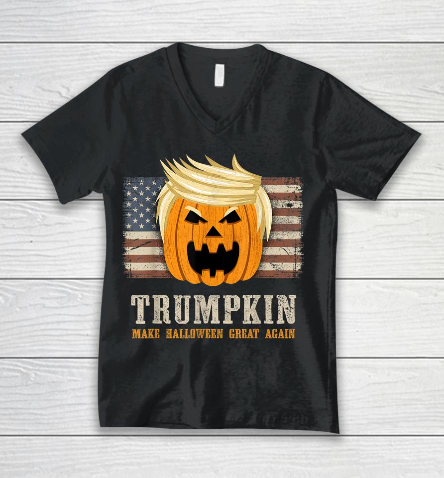 Trumpkin Make Halloween Great Again Us Flag Funny Trump Unisex V-Neck T-Shirt