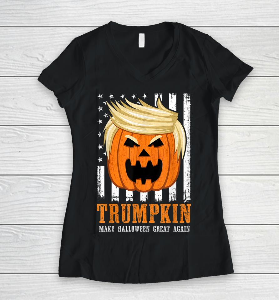 Trumpkin Make Halloween Great Again Us Flag Women V-Neck T-Shirt