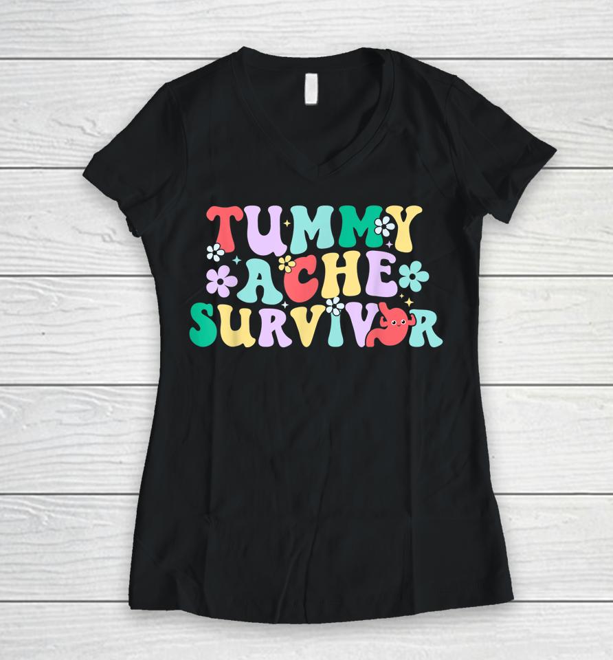 Tummy Ache Survivor Shirt, Funny Tummy Humor Retro Pastel Women V-Neck T-Shirt