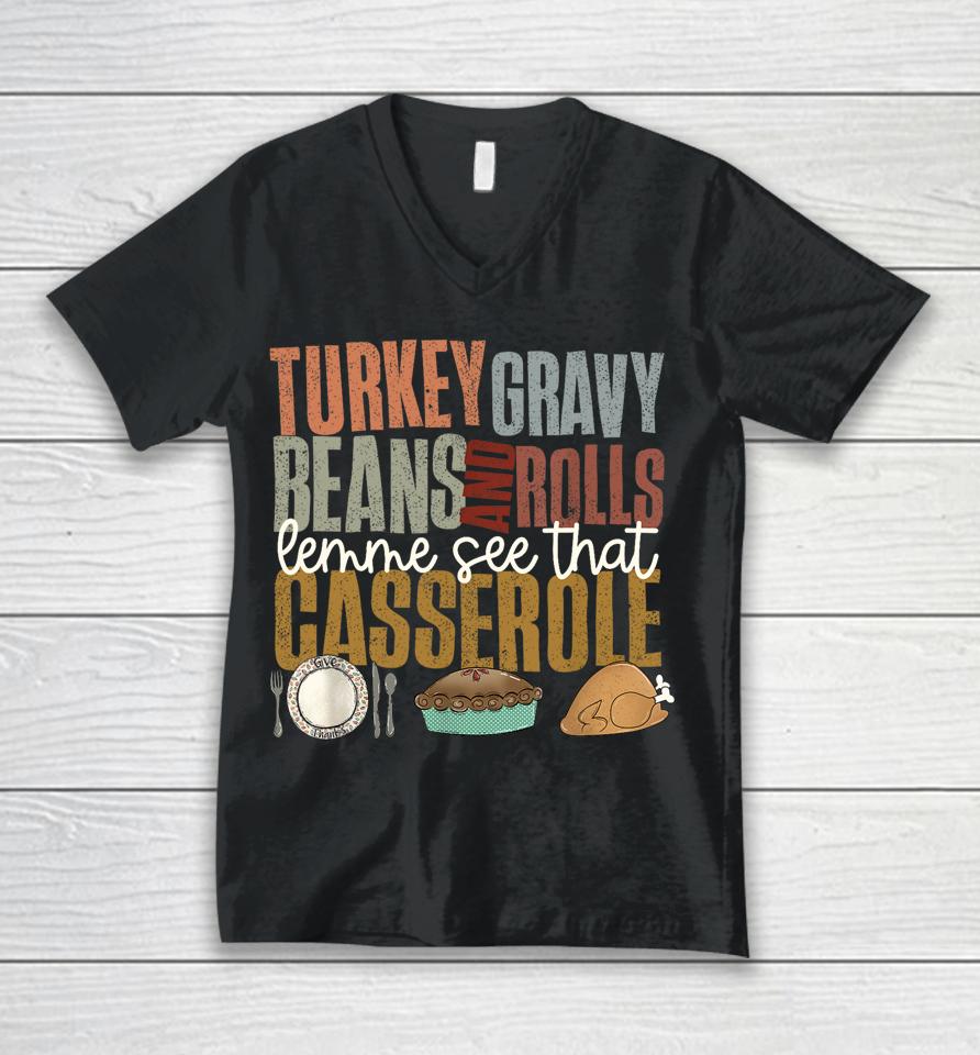 Turkey Gravy Beans Rolls Casserole Retro Thanksgiving Autumn Unisex V-Neck T-Shirt