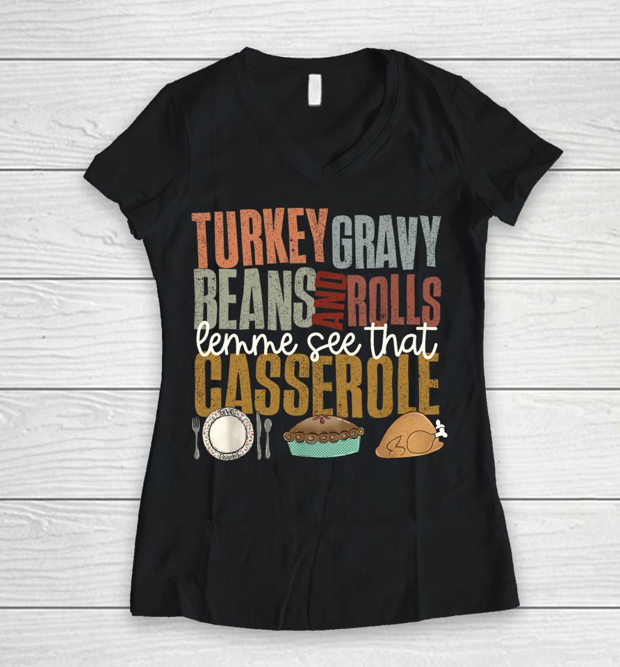 Turkey Gravy Beans Rolls Casserole Retro Thanksgiving Autumn Women V-Neck T-Shirt