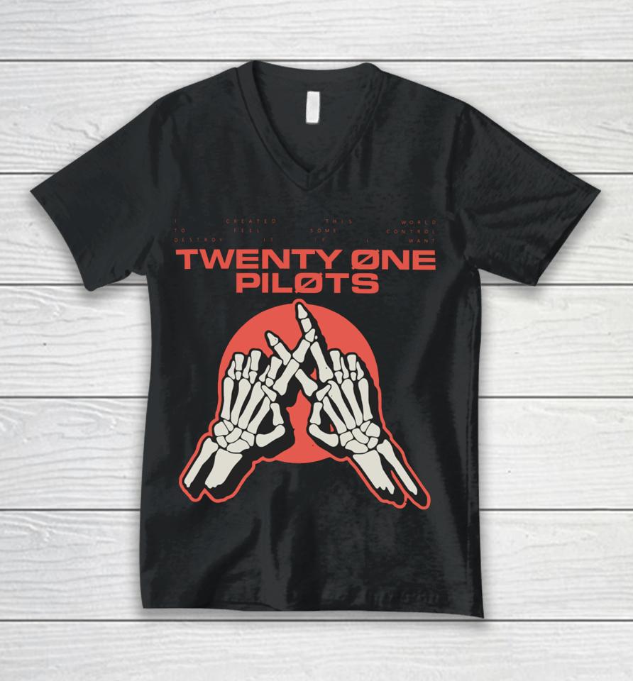 Twentyonepilots Merch I Created This World To Feel Some Control Twenty One Pilots Skeleton Hands Unisex V-Neck T-Shirt