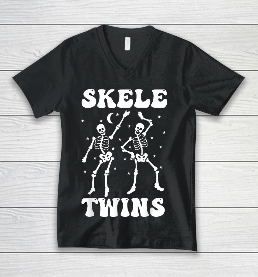 Twins Halloween Matching Skeletwins Funny Dancing Skeletons Unisex V-Neck T-Shirt