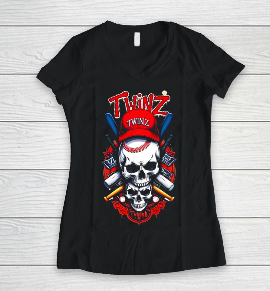 Twinz Skull Baseball 2024 Women V-Neck T-Shirt