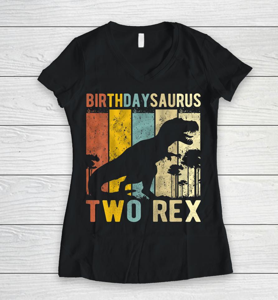 Two Rex 2Nd Birthday Dinosaur T-Rex 2 Year Old Birthday Women V-Neck T-Shirt