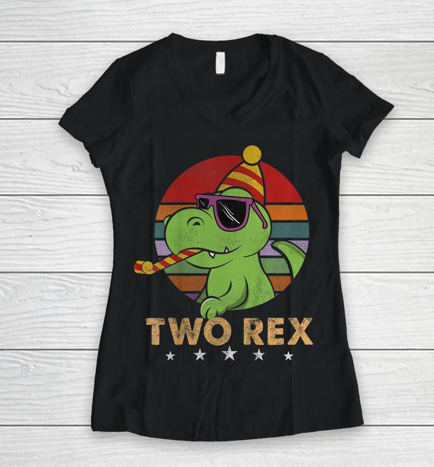 Two Rex Dinosaur T-Rex Boy 2Nd Birthday 2 Year Old Women V-Neck T-Shirt