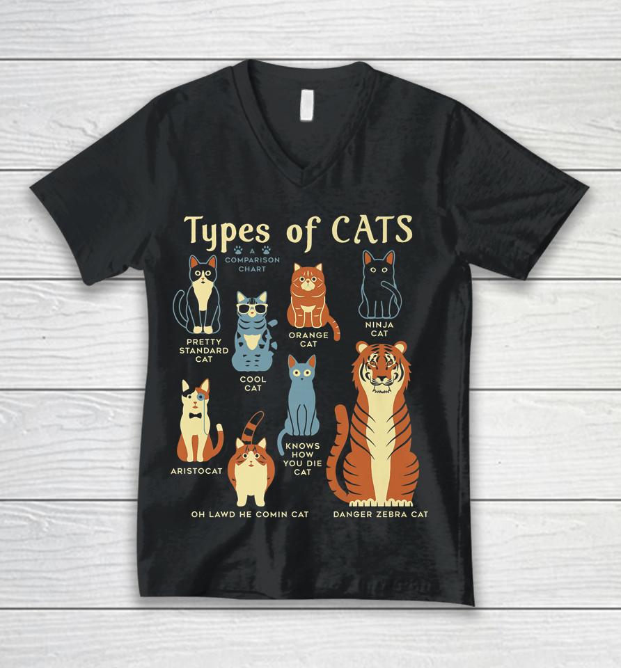 Types Of Cat Funny Comparison Cat Orange Cat Blue Cat Lovers Unisex V-Neck T-Shirt