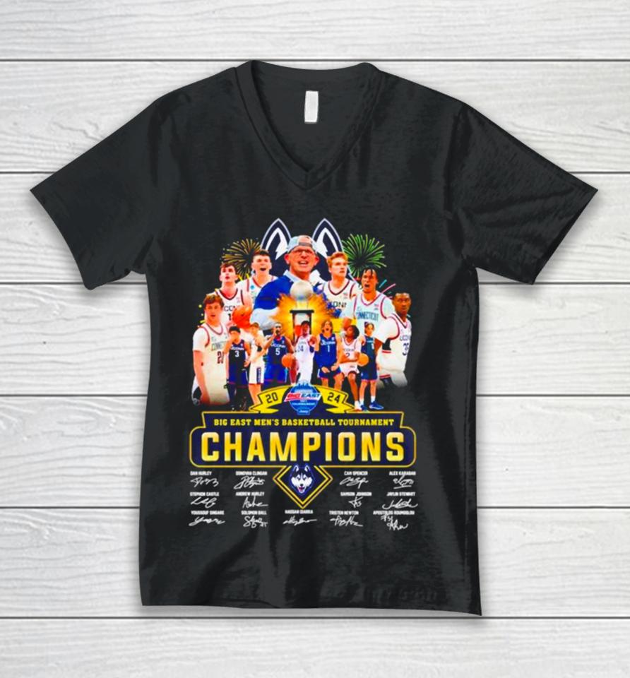 Uconn Huskies 2024 Big East Women’s Basketball Conference Tournament Champions Signatures Unisex V-Neck T-Shirt