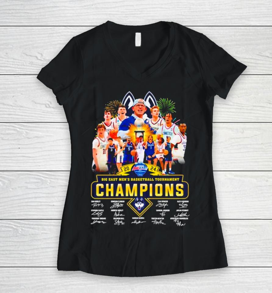 Uconn Huskies 2024 Big East Women’s Basketball Conference Tournament Champions Signatures Women V-Neck T-Shirt