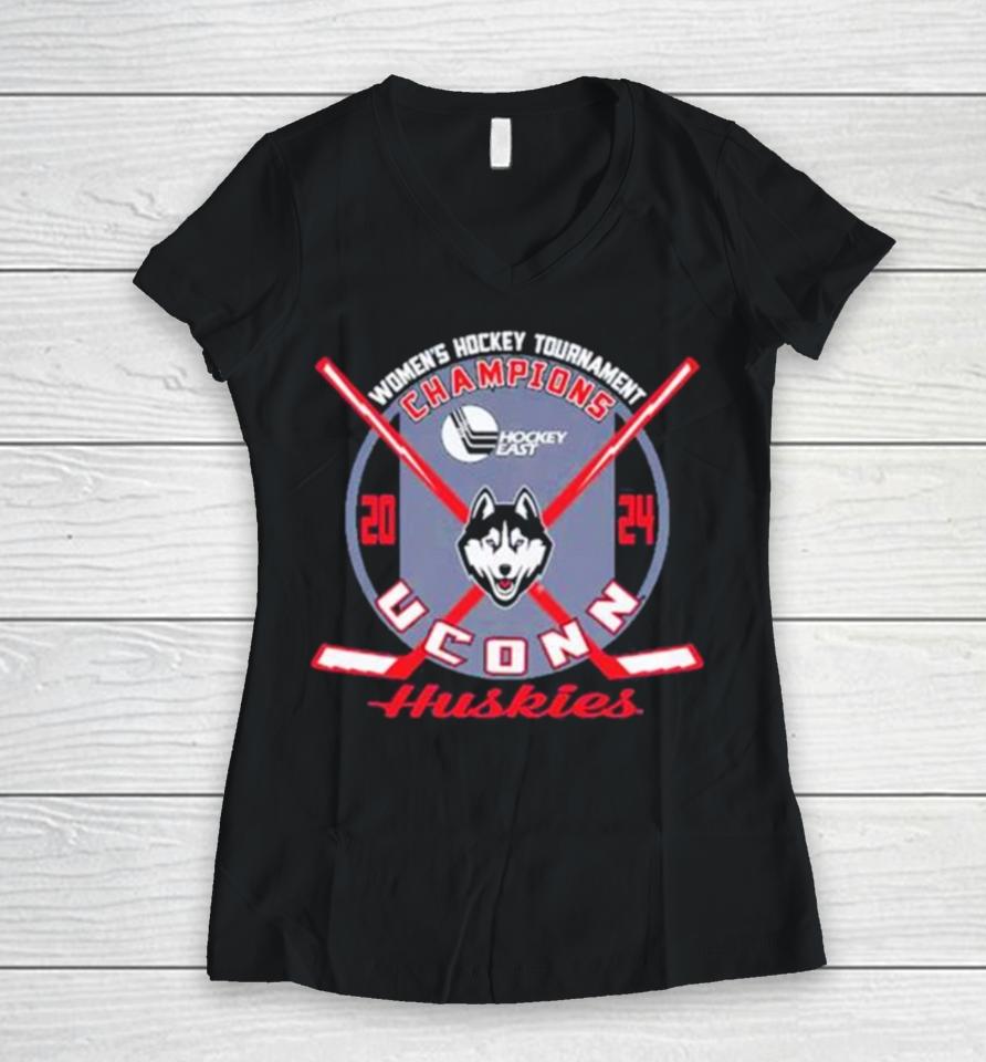 Uconn Huskies Blue 84 Unisex 2024 Women’s Hockey East Tournament Champions Women V-Neck T-Shirt