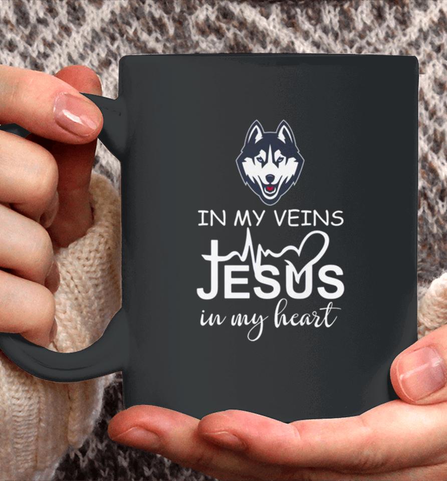 Uconn Huskies Logo 2023 In My Veins Jesus In My Heart Coffee Mug