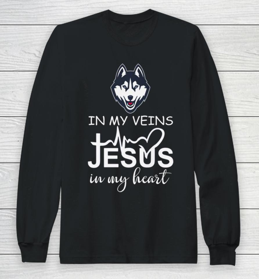 Uconn Huskies Logo 2023 In My Veins Jesus In My Heart Long Sleeve T-Shirt