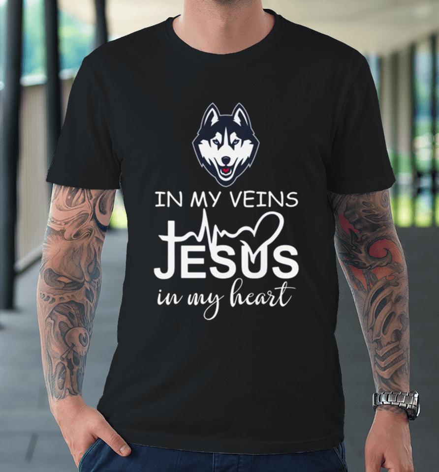 Uconn Huskies Logo 2023 In My Veins Jesus In My Heart Premium T-Shirt
