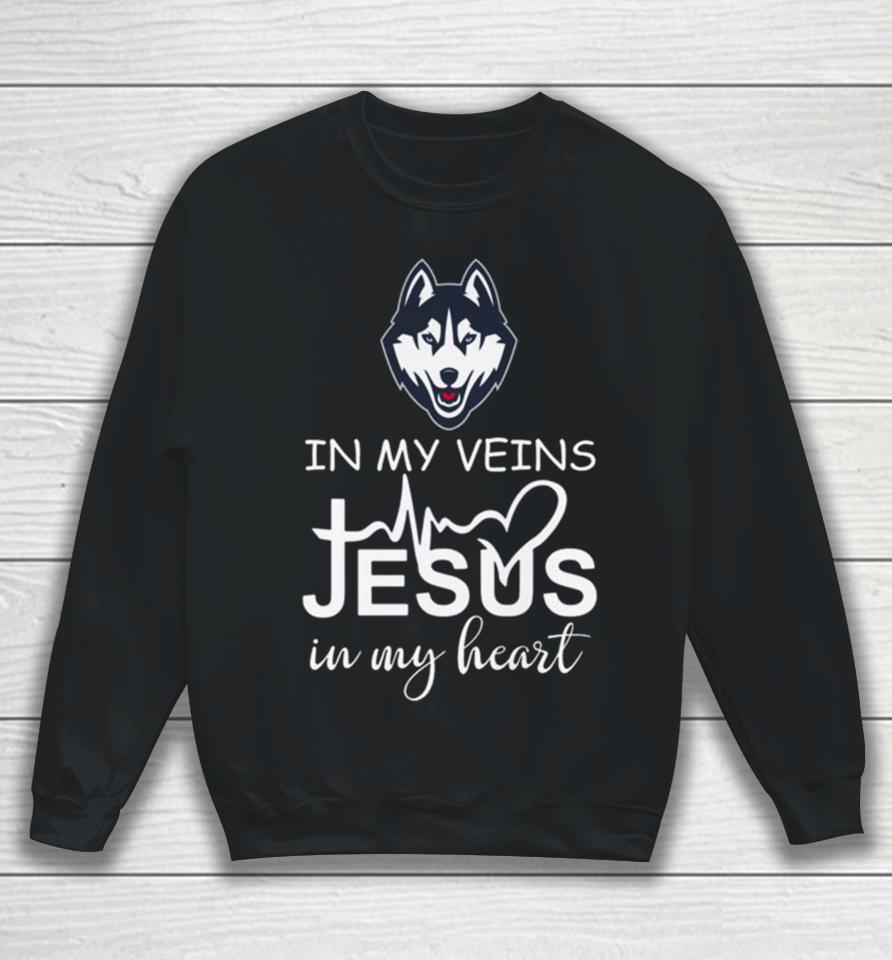 Uconn Huskies Logo 2023 In My Veins Jesus In My Heart Sweatshirt