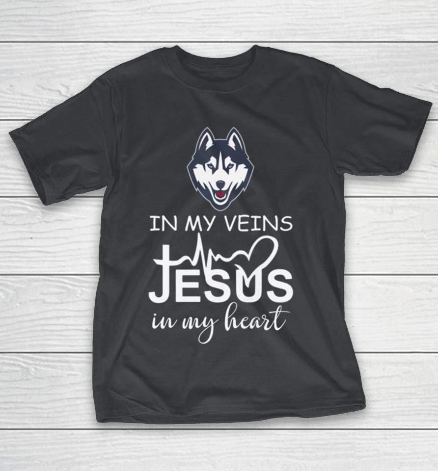 Uconn Huskies Logo 2023 In My Veins Jesus In My Heart T-Shirt
