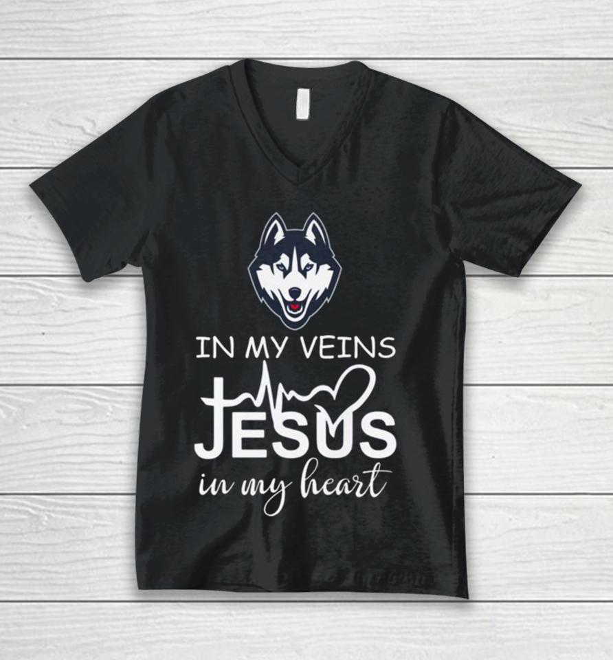 Uconn Huskies Logo 2023 In My Veins Jesus In My Heart Unisex V-Neck T-Shirt