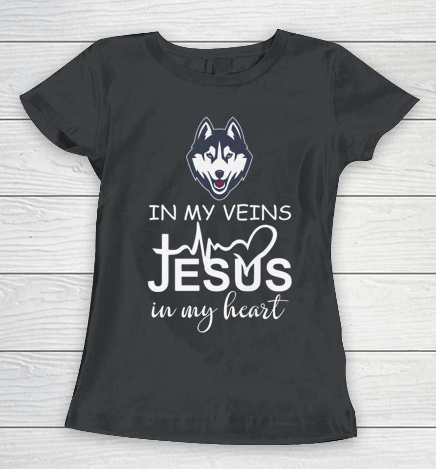 Uconn Huskies Logo 2023 In My Veins Jesus In My Heart Women T-Shirt