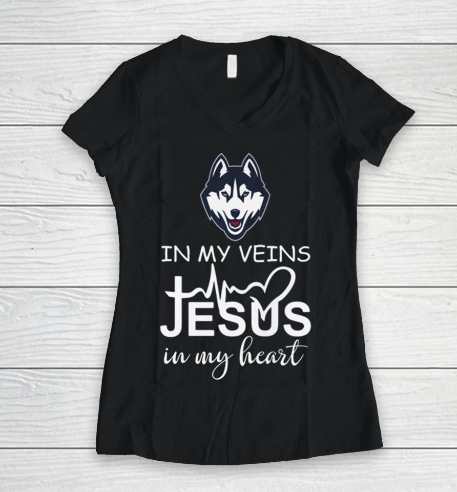 Uconn Huskies Logo 2023 In My Veins Jesus In My Heart Women V-Neck T-Shirt