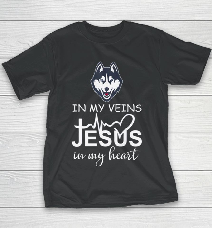 Uconn Huskies Logo 2023 In My Veins Jesus In My Heart Youth T-Shirt
