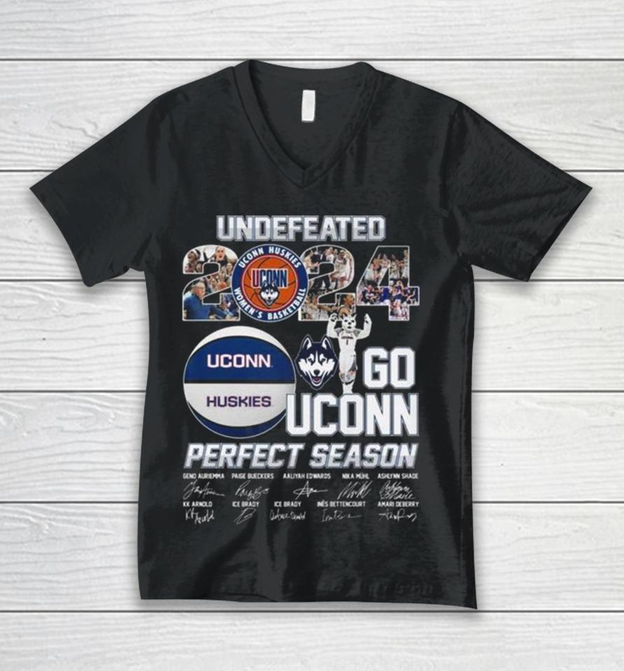 Uconn Huskies Undefeated 2024 Go Uconn Perfect Season Signatures Unisex V-Neck T-Shirt