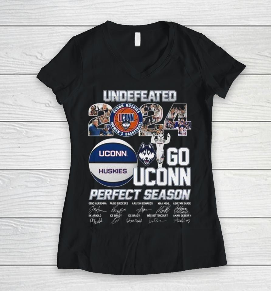Uconn Huskies Undefeated 2024 Go Uconn Perfect Season Signatures Women V-Neck T-Shirt