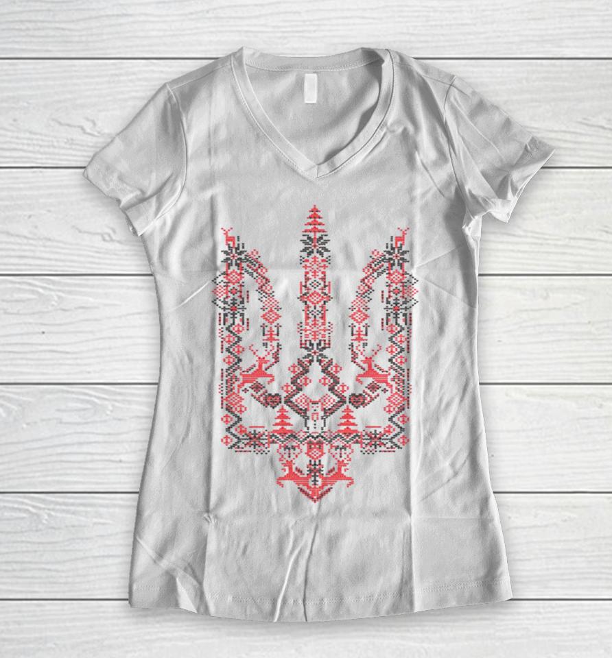 Ukraine Christmas Trident Ukrainian Xmas Tryzub Women V-Neck T-Shirt
