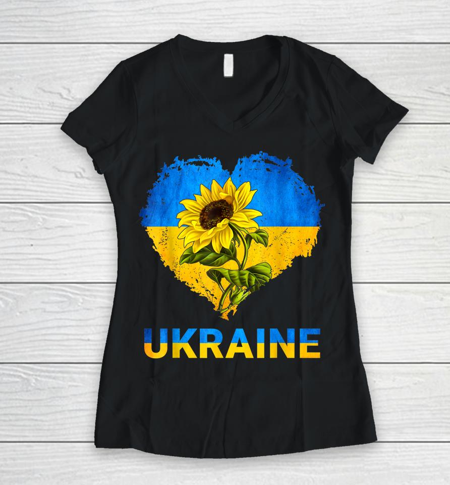 Ukraine Shirt Heart Sunflower Flag I Stand With Ukraine Women V-Neck T-Shirt