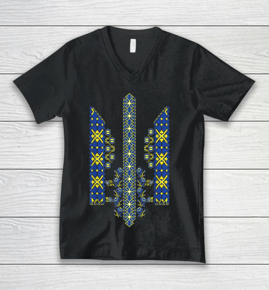 Ukrainian Trident In Vyshivanka Style For Vyshyvanka Day Unisex V-Neck T-Shirt
