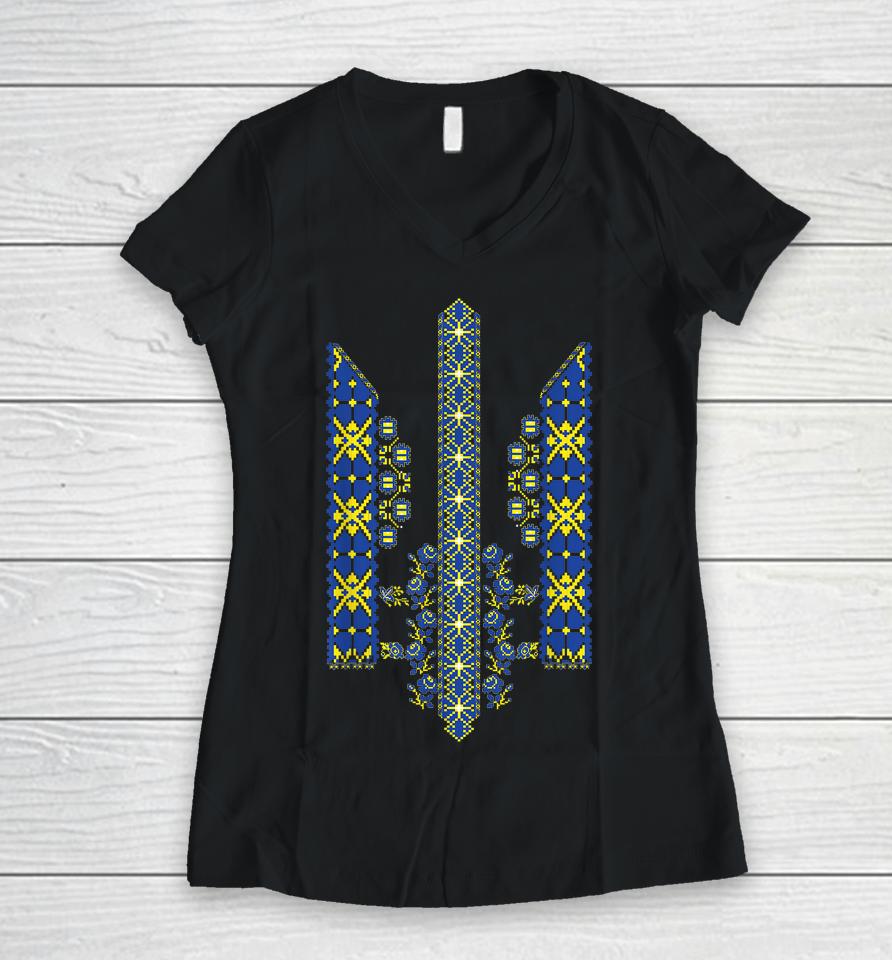 Ukrainian Trident In Vyshivanka Style For Vyshyvanka Day Women V-Neck T-Shirt