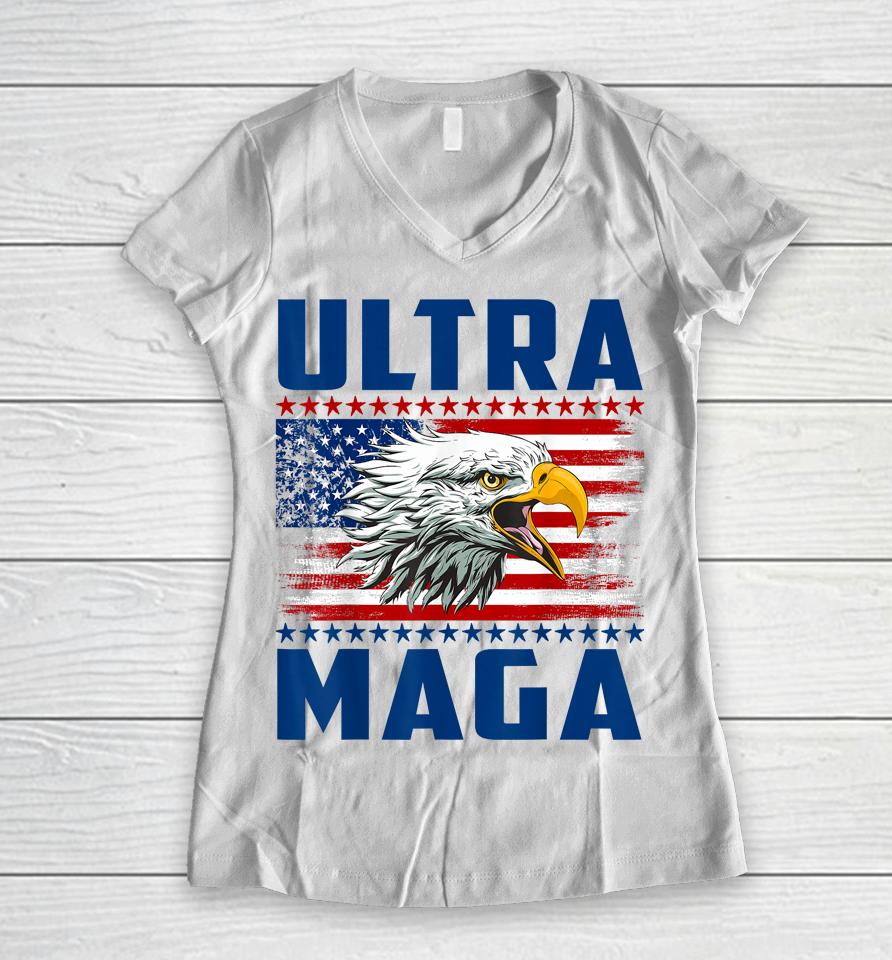 Ultra Maga Cool Made In Usa Black American Flag Eagle Women V-Neck T-Shirt