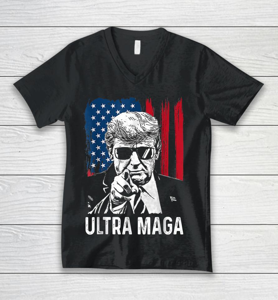 Ultra Maga Funny Anti Biden American Flag Pro Trump Unisex V-Neck T-Shirt