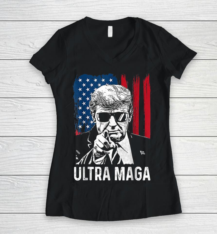 Ultra Maga Funny Anti Biden American Flag Pro Trump Women V-Neck T-Shirt