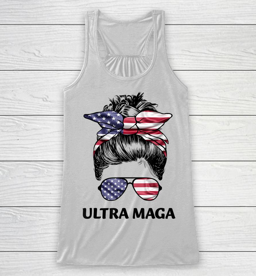Ultra Maga Messy Bun American Flag Anti Biden Racerback Tank