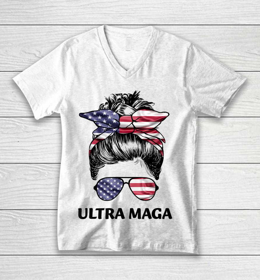 Ultra Maga Messy Bun American Flag Anti Biden Unisex V-Neck T-Shirt