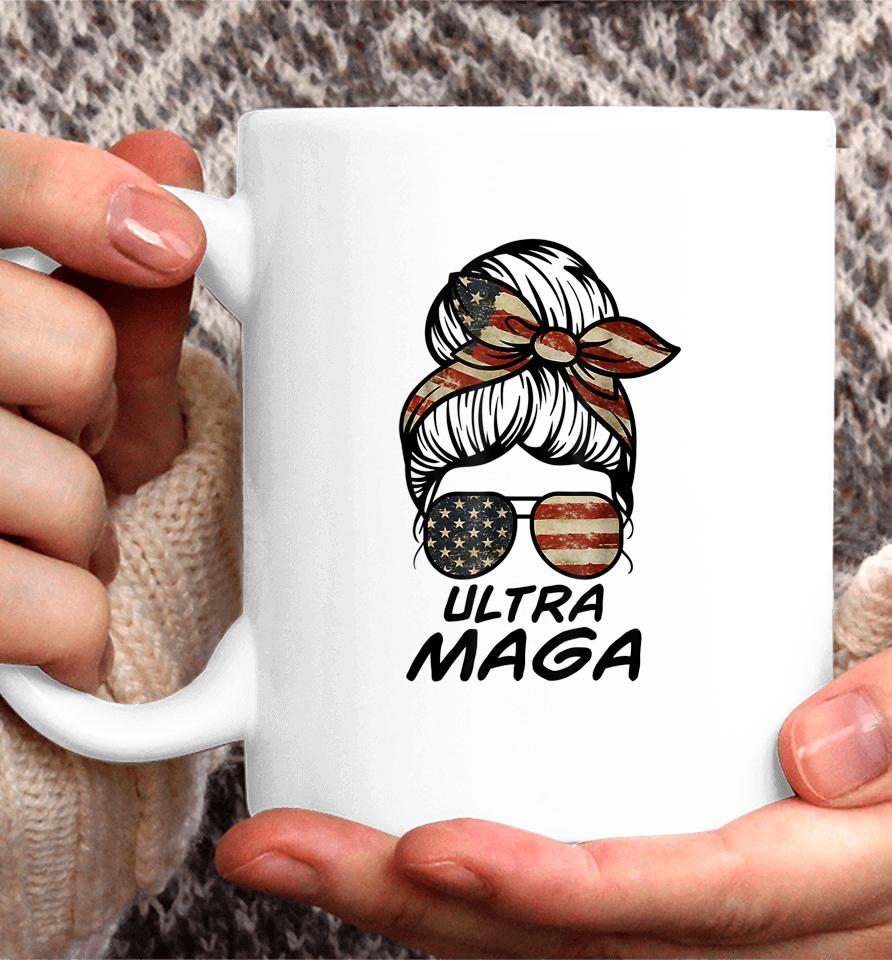 Ultra Maga Messy Bun American Flag Funny Anti Joe Biden Coffee Mug