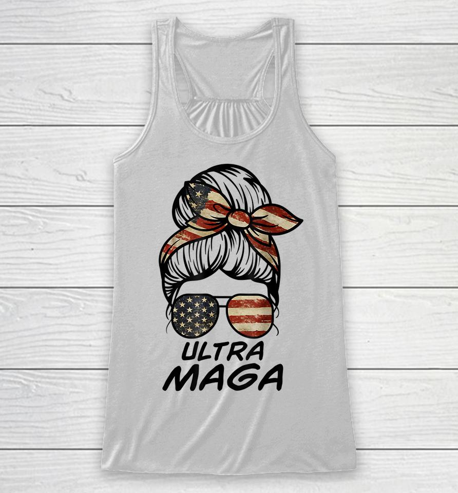 Ultra Maga Messy Bun American Flag Funny Anti Joe Biden Racerback Tank