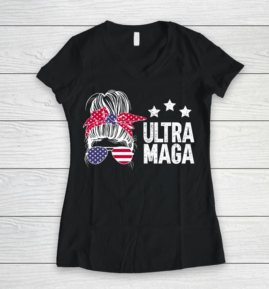 Ultra Maga Messy Bun Women V-Neck T-Shirt