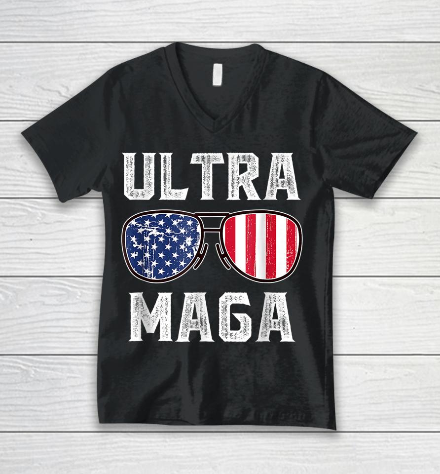 Ultra Maga Sunglasses American Flag Funny Anti Joe Biden Unisex V-Neck T-Shirt